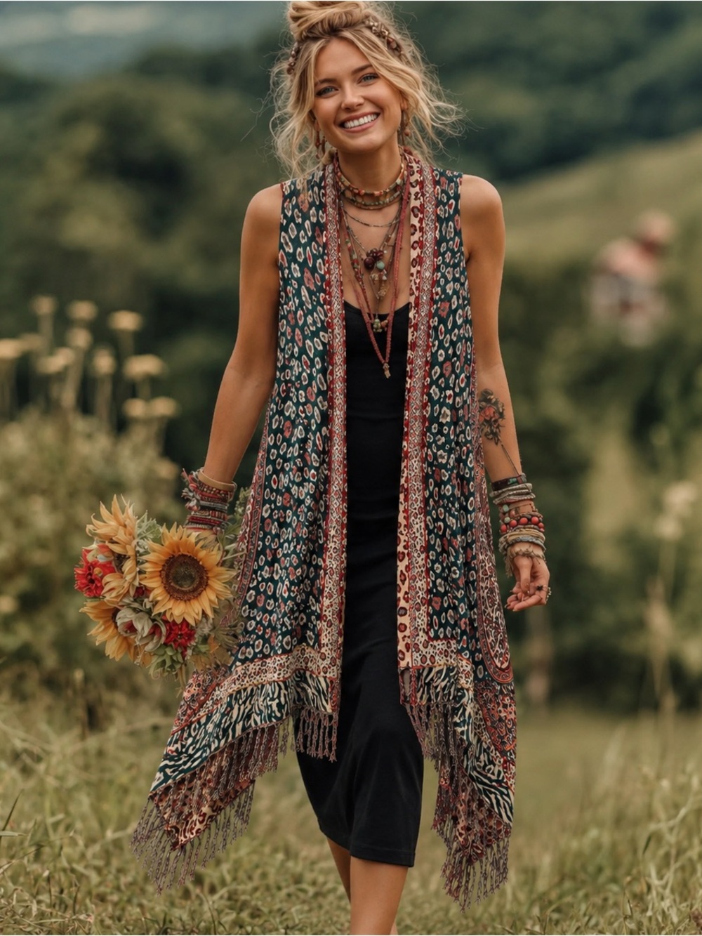 Anthropologie Boho Lagenlook Paisley Animal Print Embroidered Fringe Duster Vest